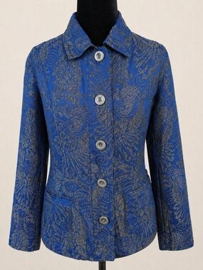 Chico’s Size 1 Blue Jacquard Jacket Silver Button Textured Blazer